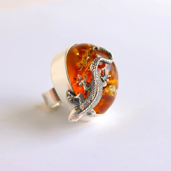 Baltic Amber Gecko Ring in 925 Sterling Silver - Handmade - Picture 6 of 9